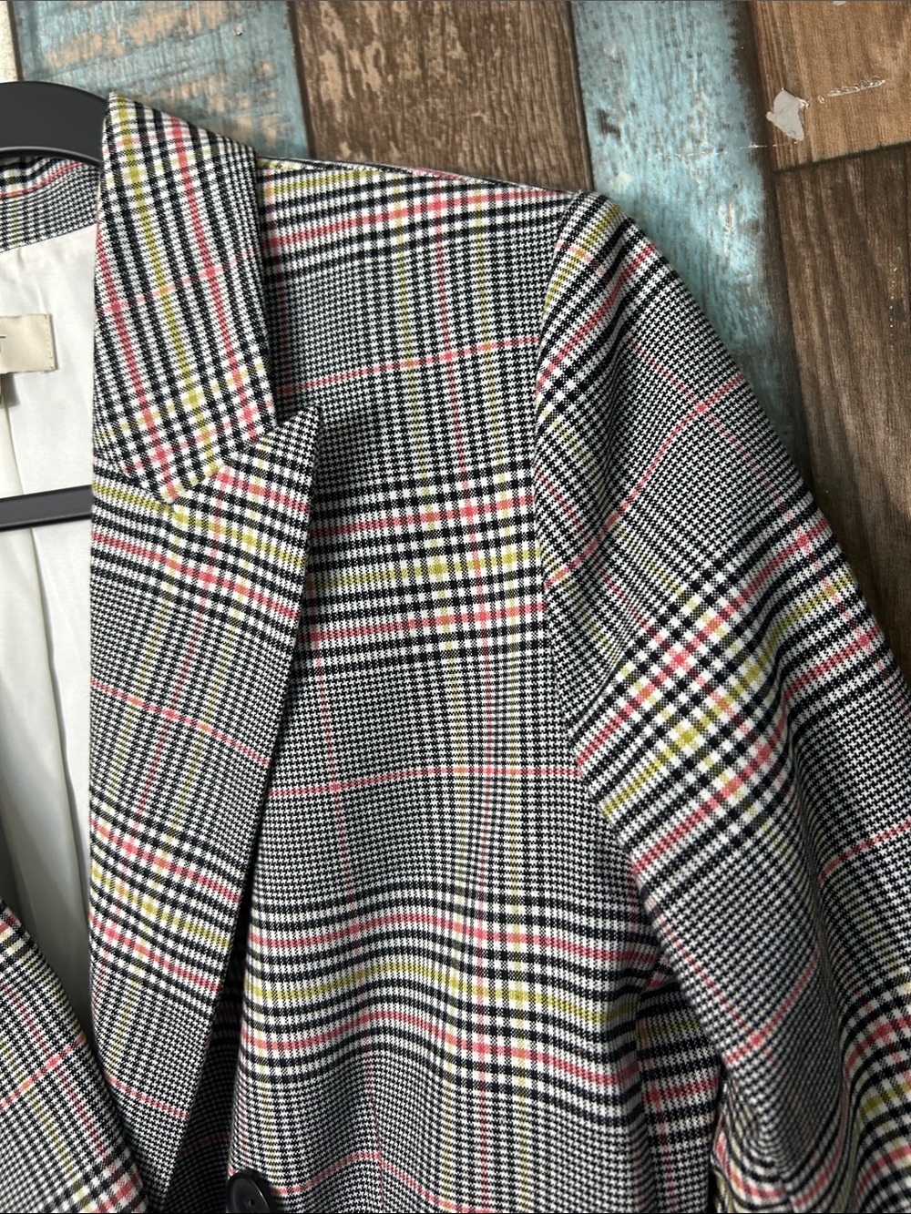 LOFT Gray Plaid Double-Breasted Blazer with Pink and Cream Windowpane - Picture 10 of 14